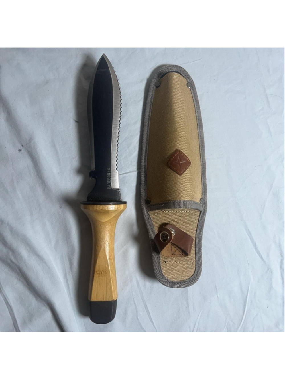 Barebones Black Spear Point Hunting Survival Knife Wood Handle Sheath Serrated